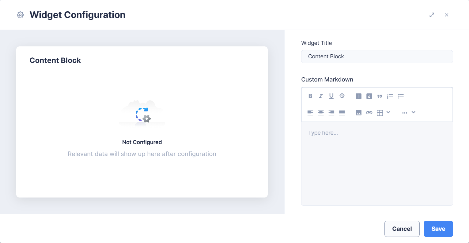 Content Block Widget Configuration with the Custom Markdown editor