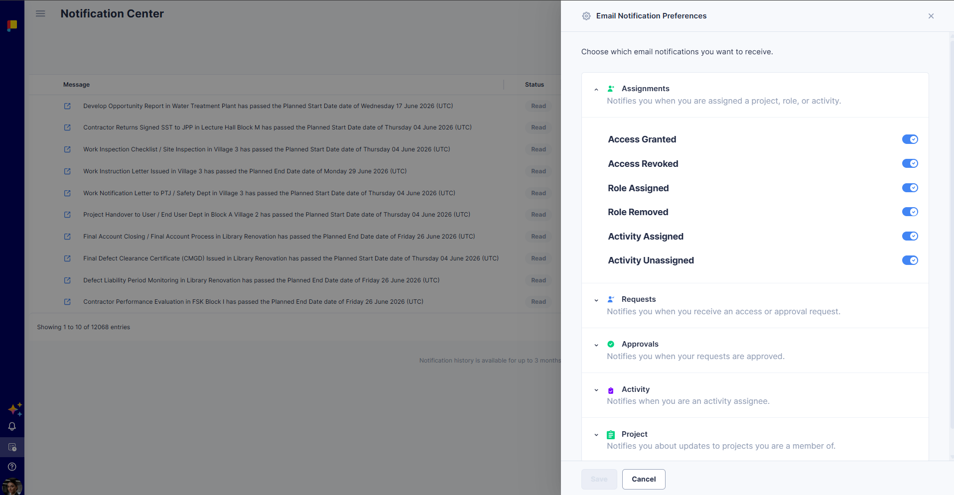 Email Notification Preferences panel with grouped toggles