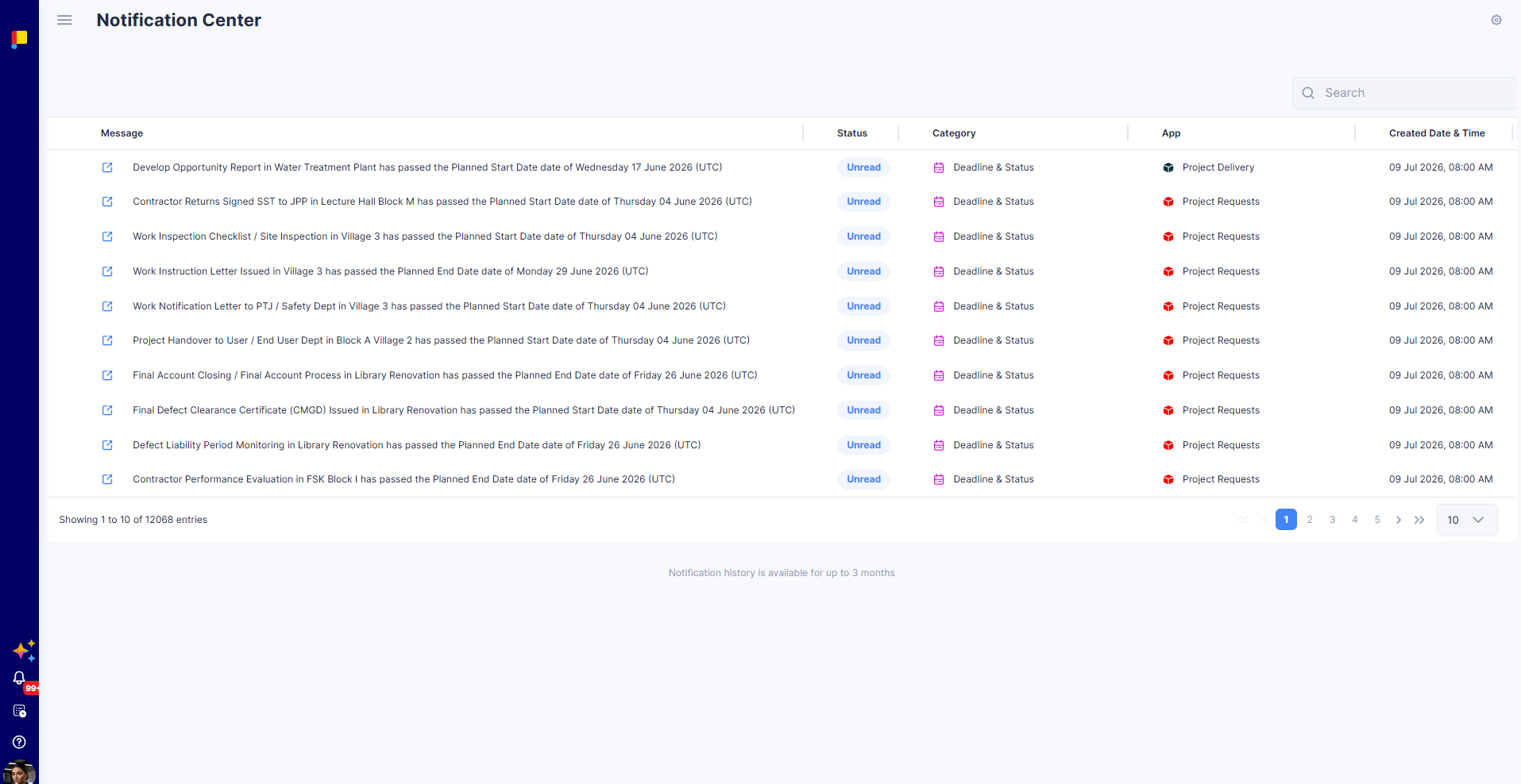 Notification Center table with bulk actions
