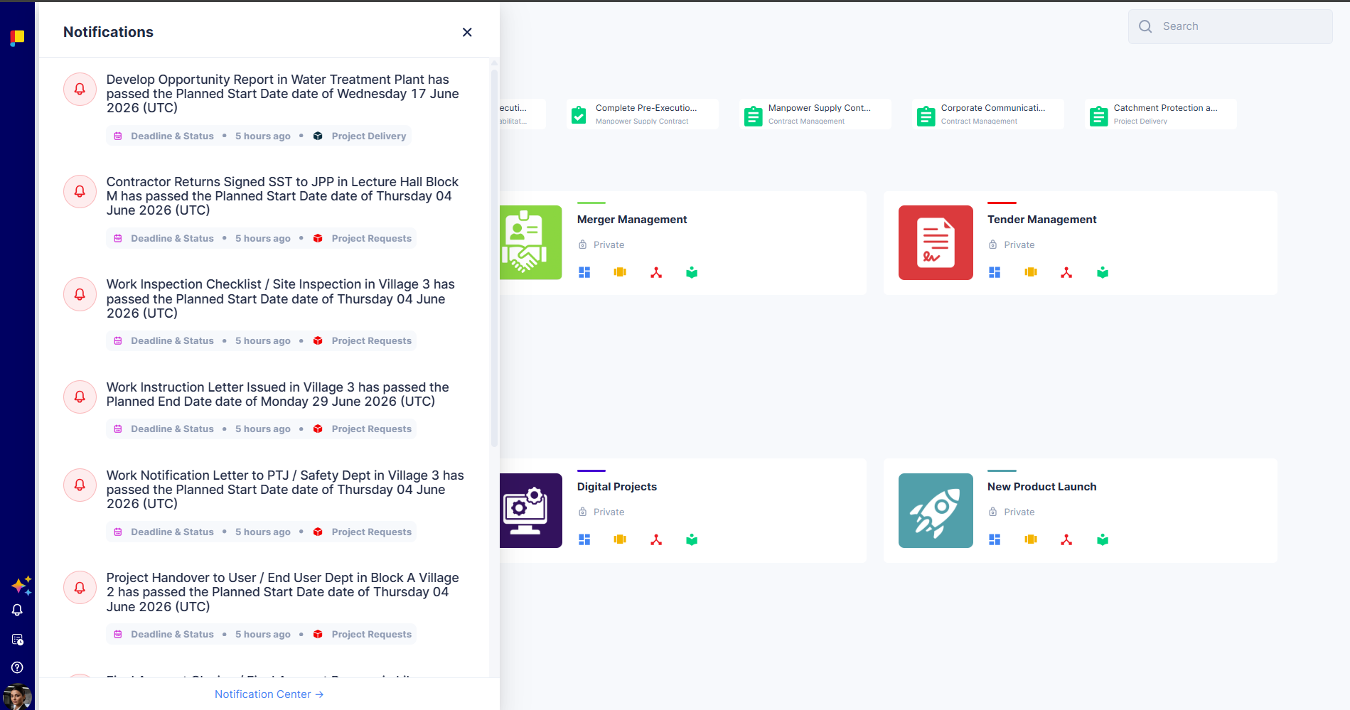 notifications slide-out panel with the Notification Center link