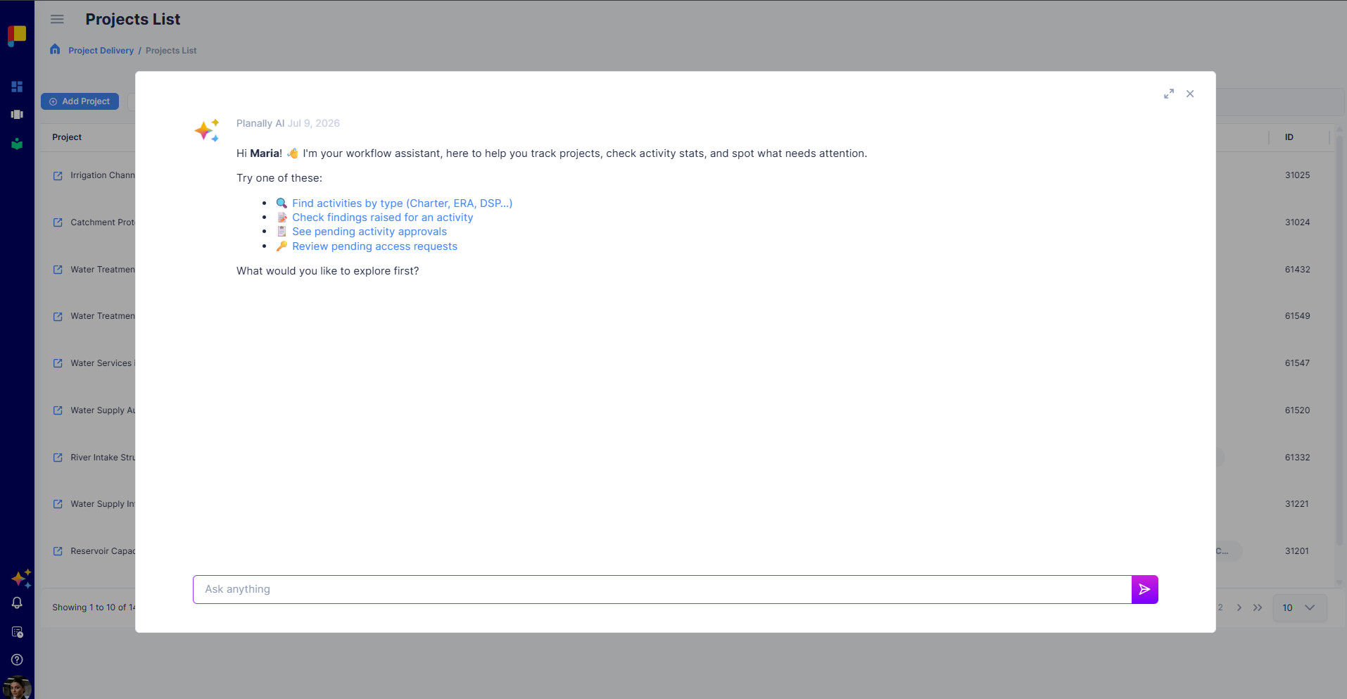Planally AI chat interface