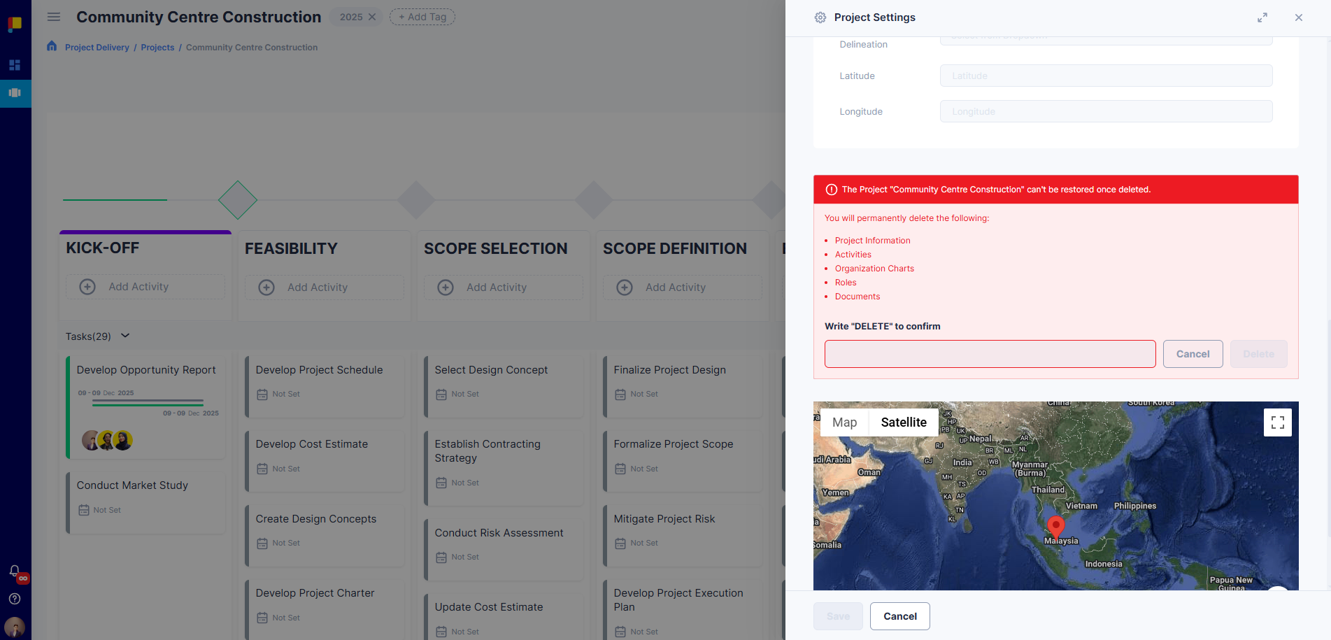 Delete Project confirmation highlighted