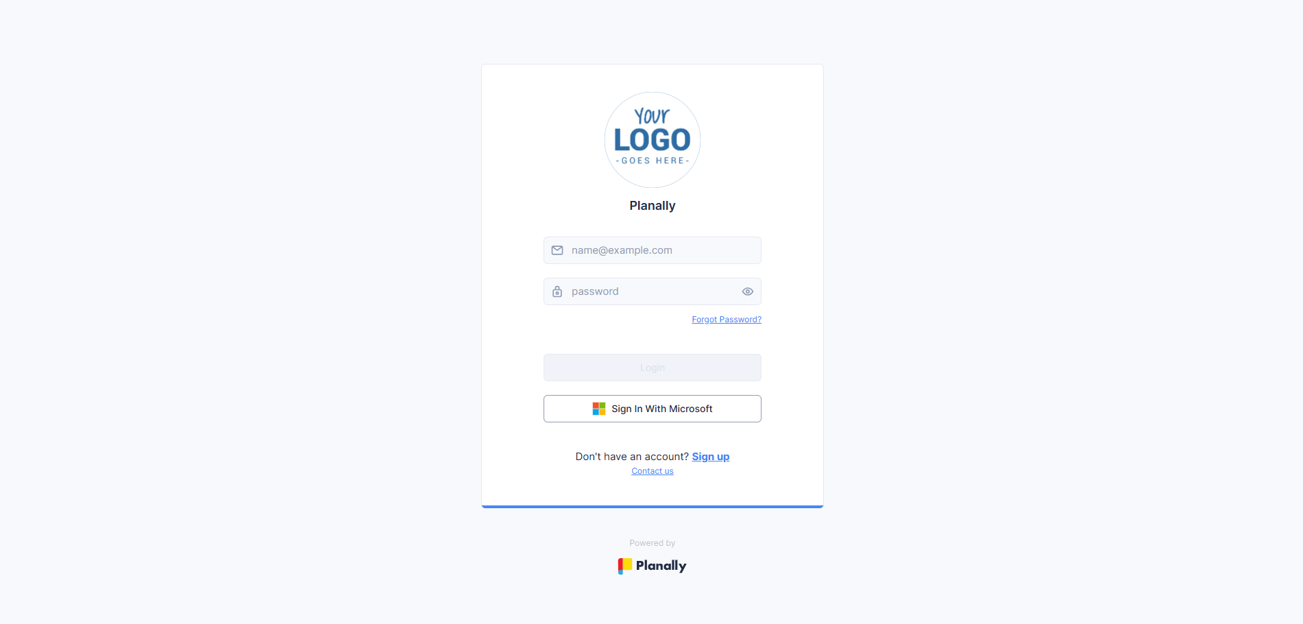 Planally login page with Microsoft SSO