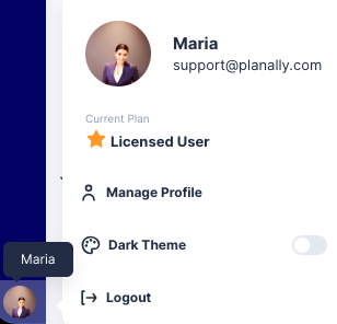 Planally navigation menu showing workflow cards