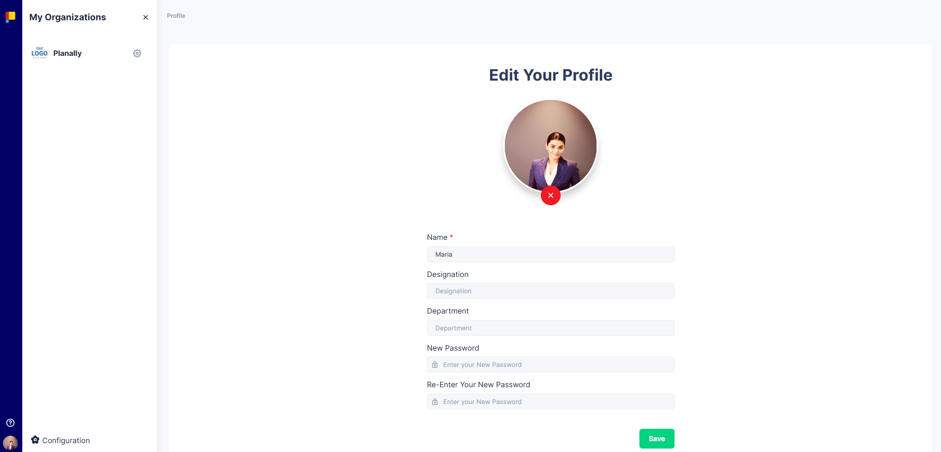 Planally profile settings page