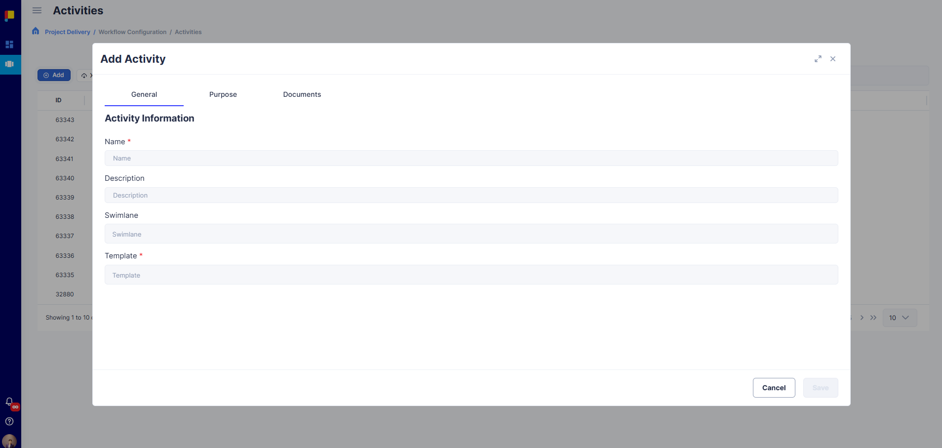 Form for adding a new activity to the workflow.