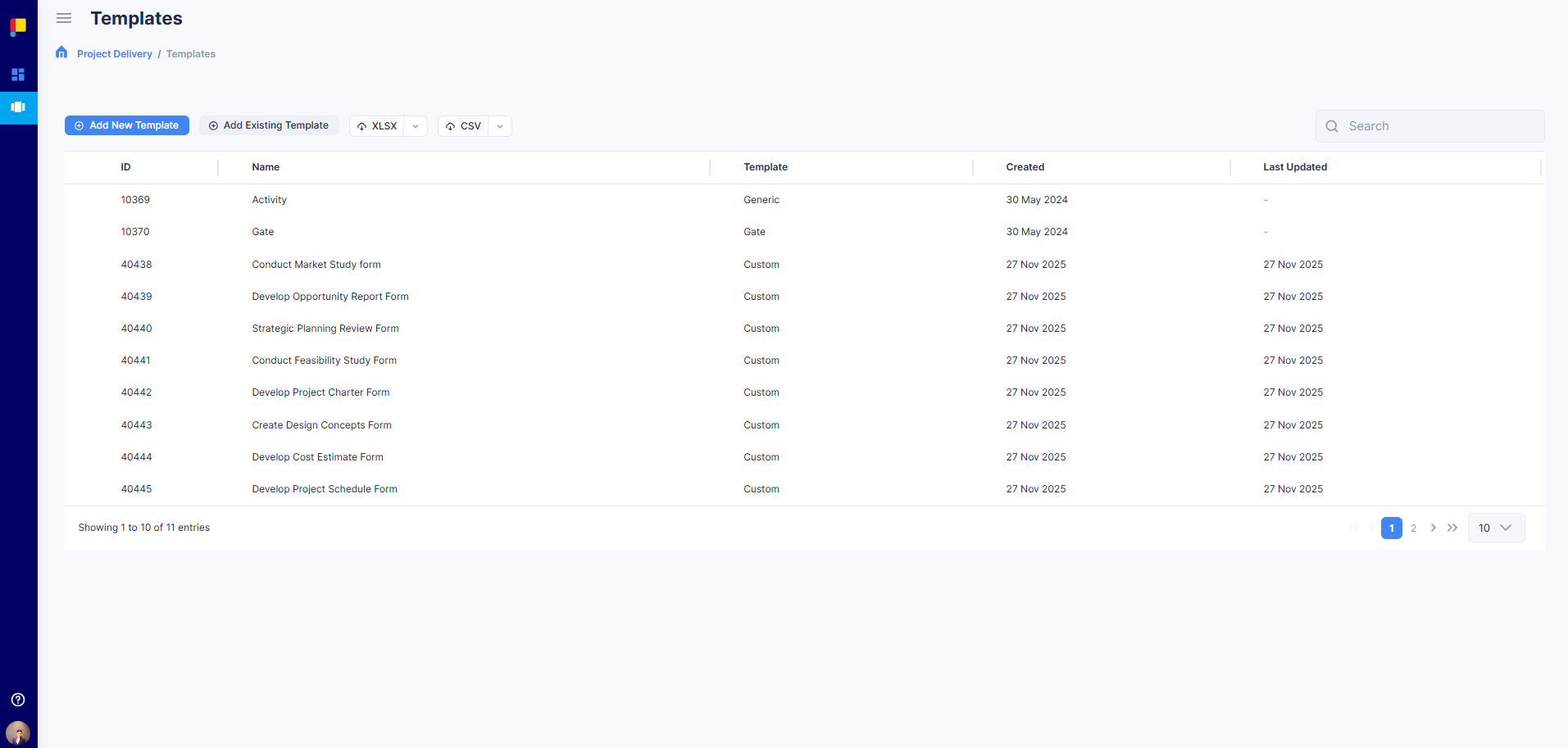 List of available activity templates.