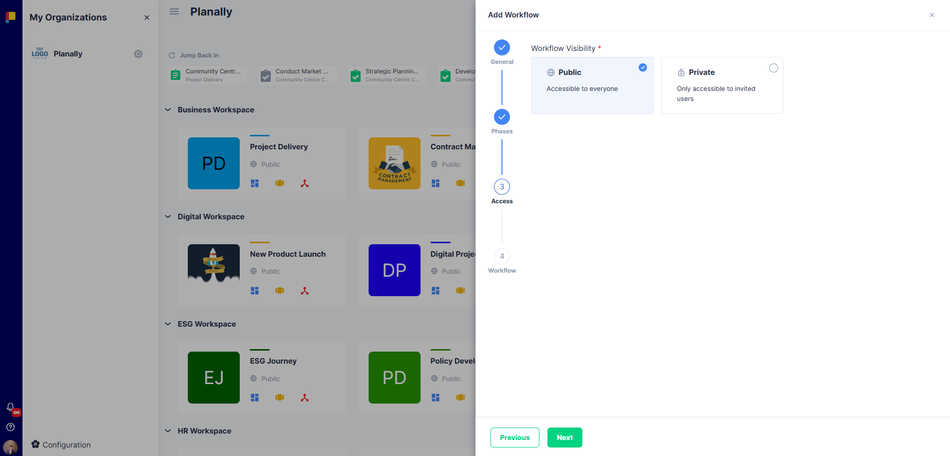 Access settings with Public and Private options highlighted