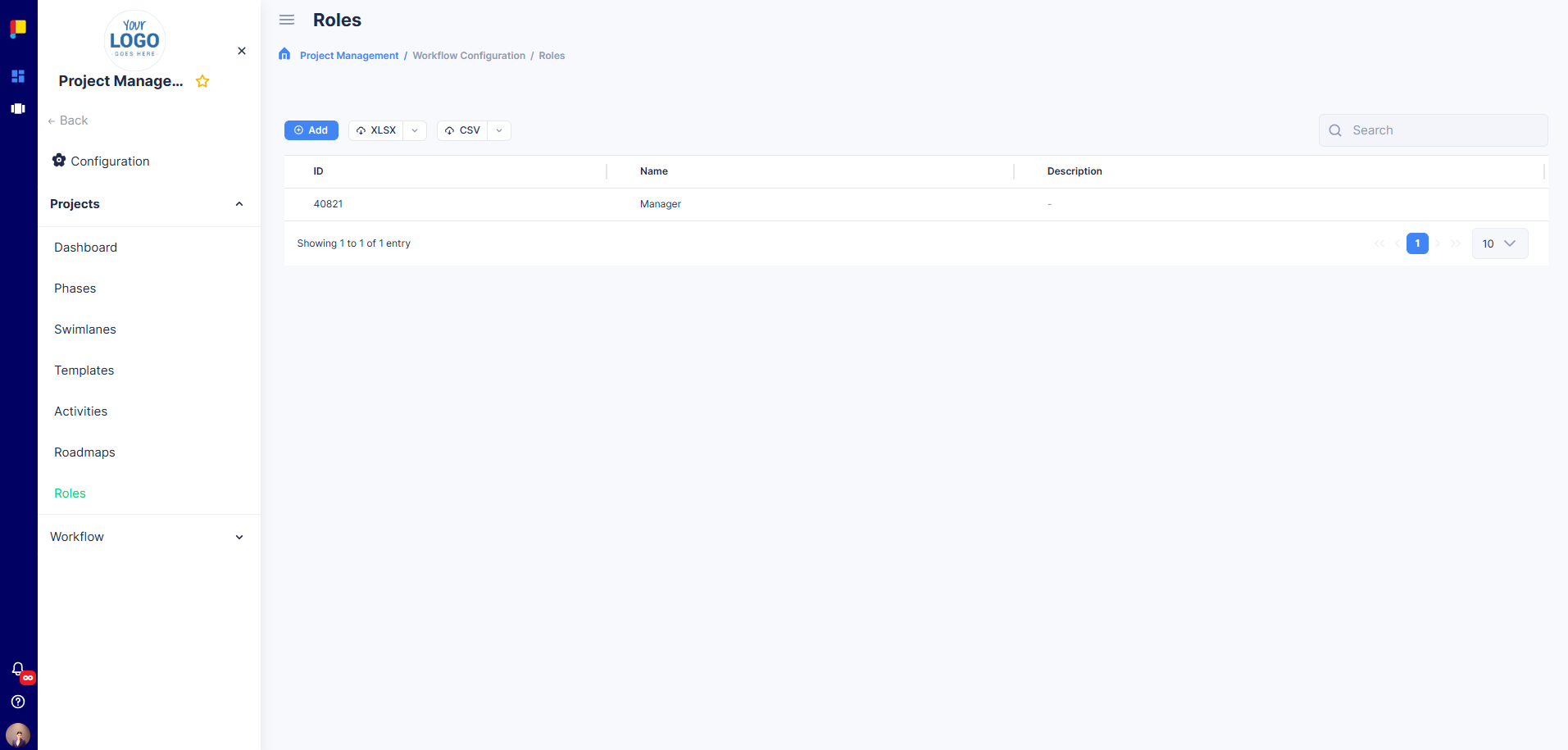 Roles configuration panel with Add button