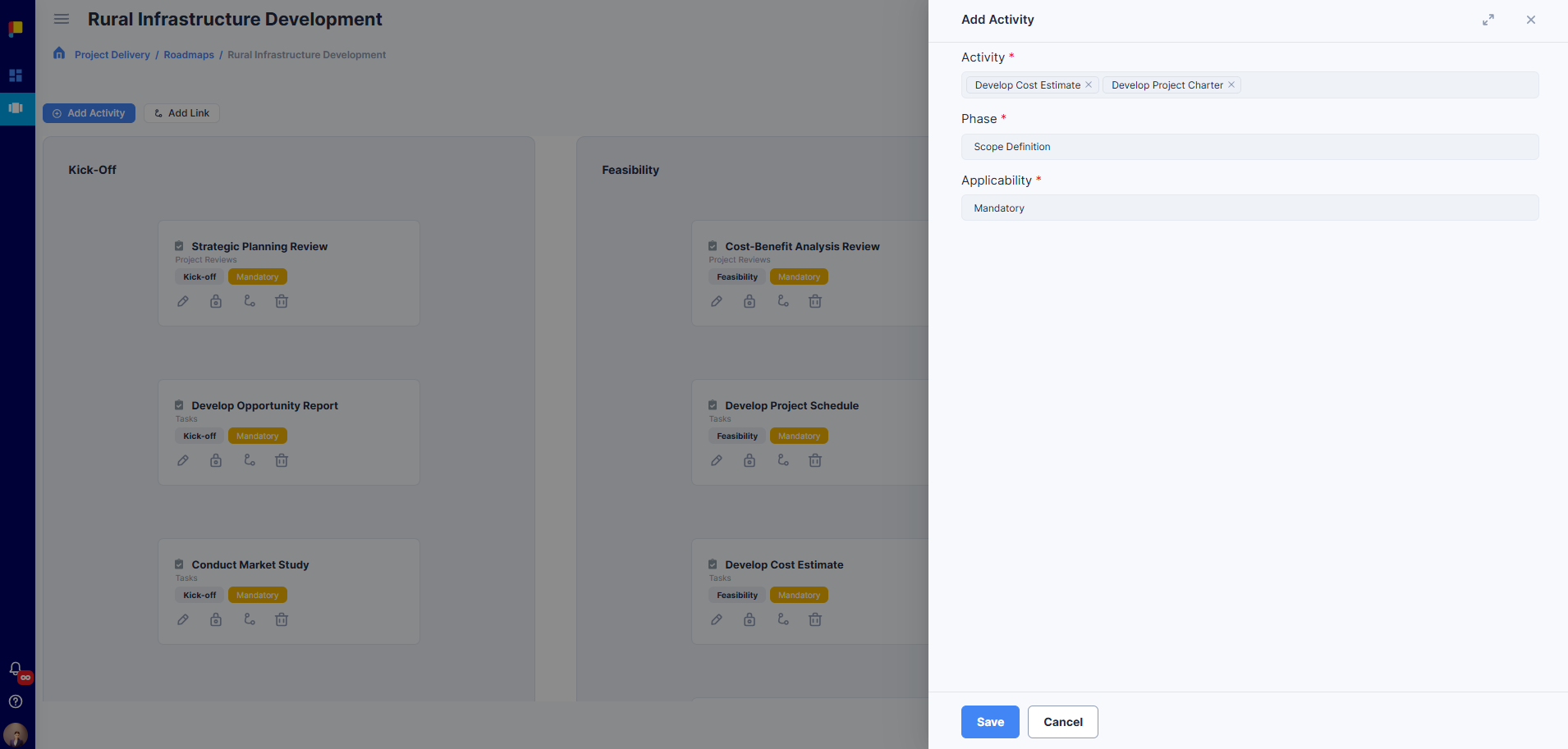 Option to add an activity to the roadmap.