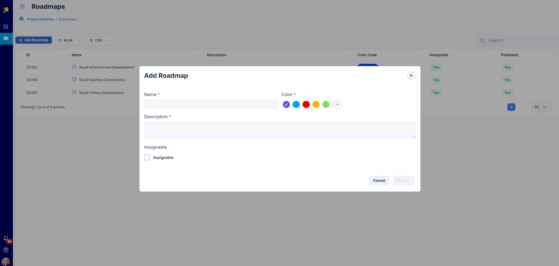 Add Roadmap form with Assignable option highlighted